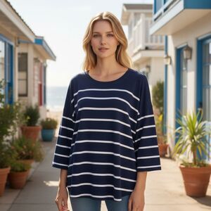 Vineyard Vines Womens Large Blue White Striped Top 3/4 Sleeve Boxy Nautical